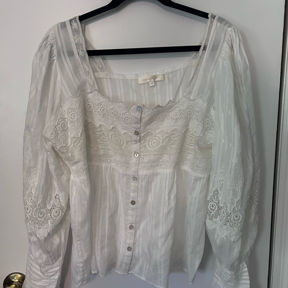 LoveShackFancy White Lace Button-Up Blouse